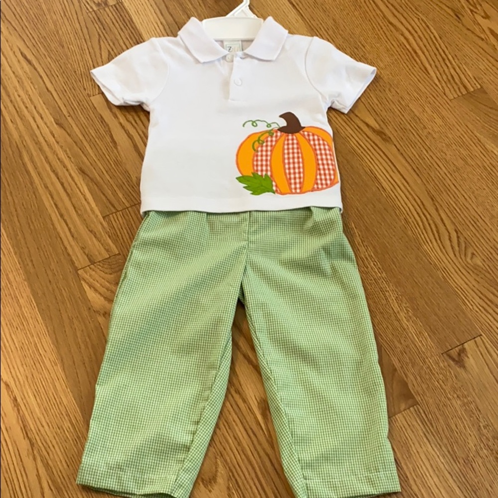 Polo Pumpkin Appliqué/Smocked 2 Piece Outfit